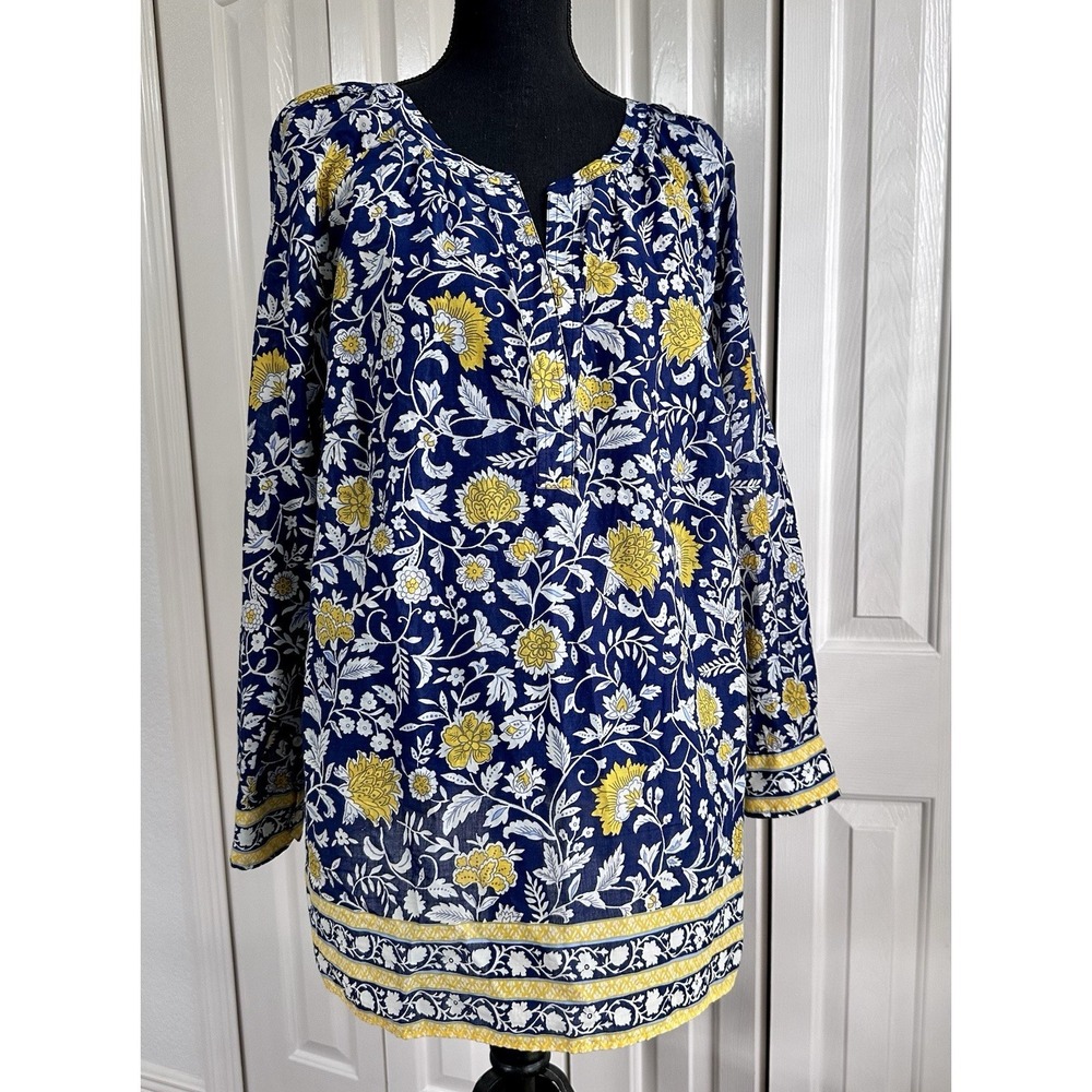 Talbots Blue Yellow Floral Pullover Long Sleeve Women Blouse Top Size 1X